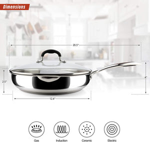 AVACRAFT 18/10 Stainless Steel Frying Pan with Lid and Side Spouts (Five-Ply Capsule Bottom, 12 Inch)