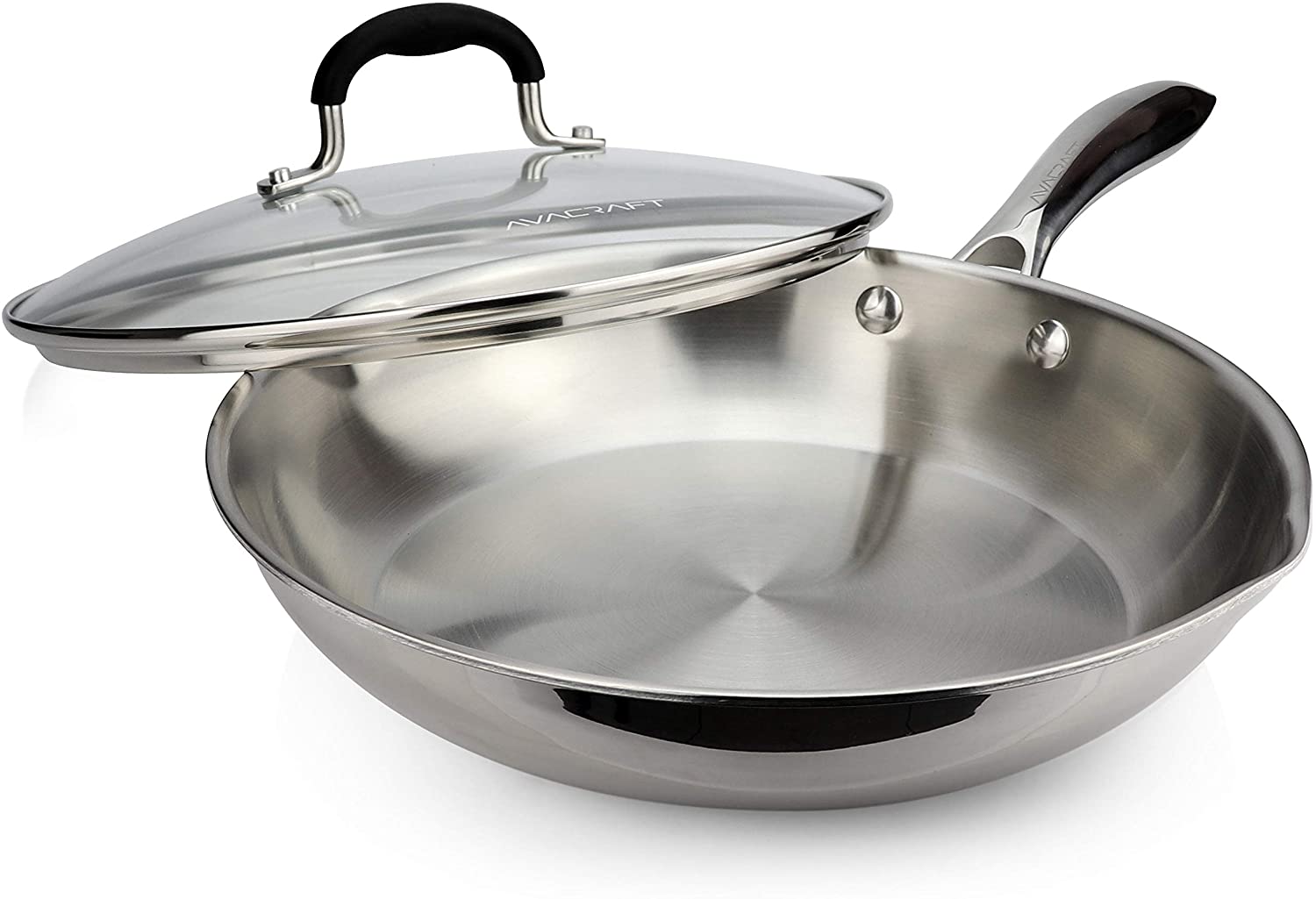 AVACRAFT 18/10 Tri-Ply Stainless Steel Frying Pan with Lid, Side Spouts, Stay Cool Handle (Tri-Ply Full Body, 10 Inch)