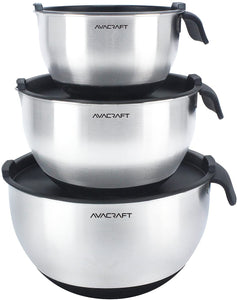 AVACRAFT 18/10 Top Rated Stainless Steel Mixing Bowls with Lids, Non-Slip Silicone Base, Measurement Marks and Handle, (Black)