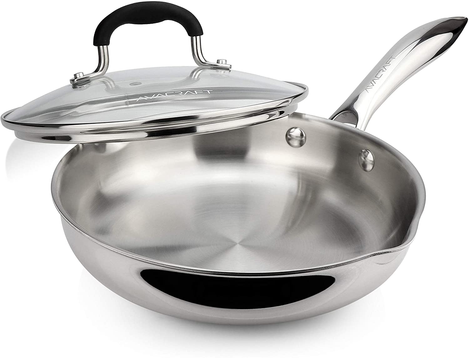 AVACRAFT 18/10 Tri-Ply Stainless Steel Frying Pan with Lid, Side Spouts, Stay Cool Handle (Tri-Ply Full Body, 8 Inch)