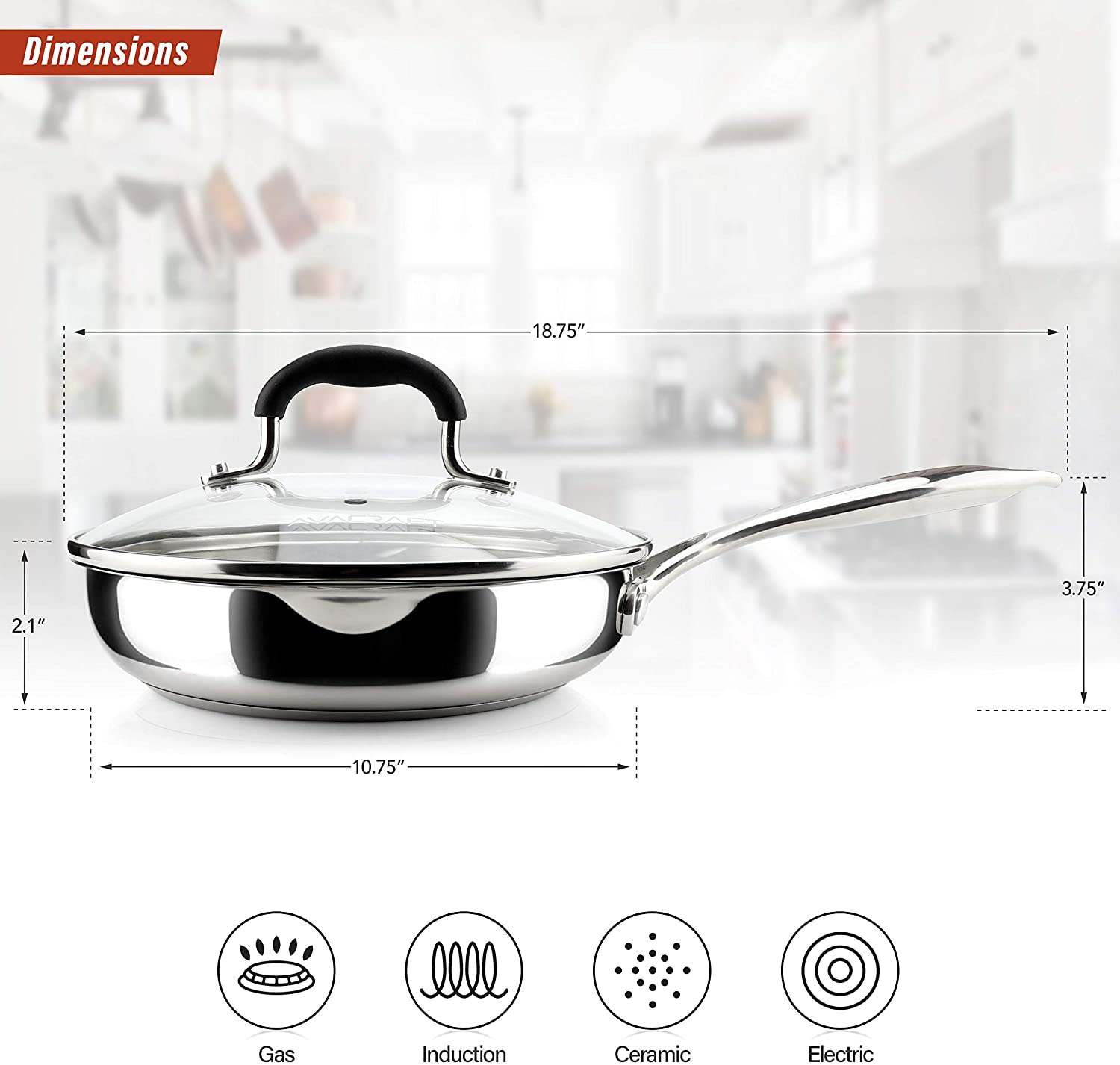 AVACRAFT 18/10 Stainless Steel Frying Pan with Lid and Side Spouts (Five-Ply Capsule Bottom, 10 Inch)