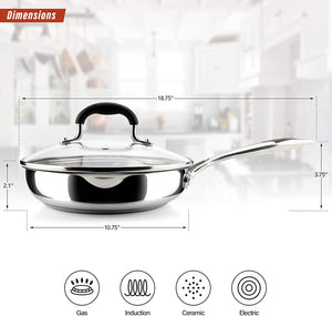 AVACRAFT 18/10 Stainless Steel Frying Pan with Lid and Side Spouts (Five-Ply Capsule Bottom, 10 Inch)