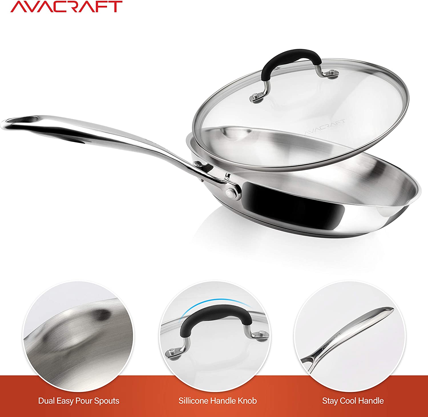 AVACRAFT 18/10 Stainless Steel Frying Pan with Lid and Side Spouts (Five-Ply Capsule Bottom, 12 Inch)