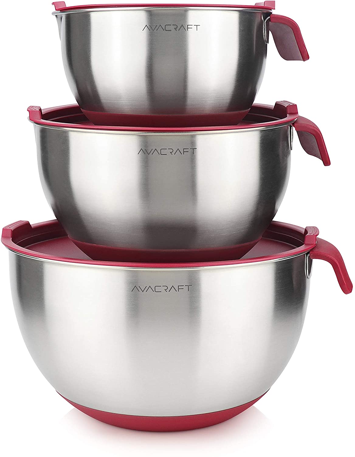 AVACRAFT 18/10 Top Rated Stainless Steel Mixing Bowls with Lids, Non-Slip Silicone base bowls, Measurement Marks, Spouts and Handle (Red)