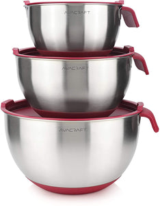 AVACRAFT 18/10 Top Rated Stainless Steel Mixing Bowls with Lids, Non-Slip Silicone base bowls, Measurement Marks, Spouts and Handle (Red)
