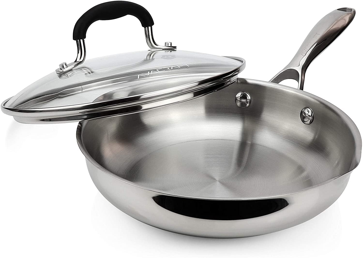 AVACRAFT 18/10 Stainless Steel Frying Pan with Lid and Side Spouts (Five-Ply Capsule Bottom, 8 Inch)