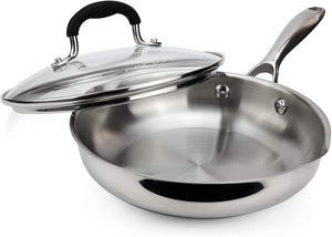 AVACRAFT 18/10 Stainless Steel Frying Pan with Lid and Side Spouts (Five-Ply Capsule Bottom, 8 Inch)