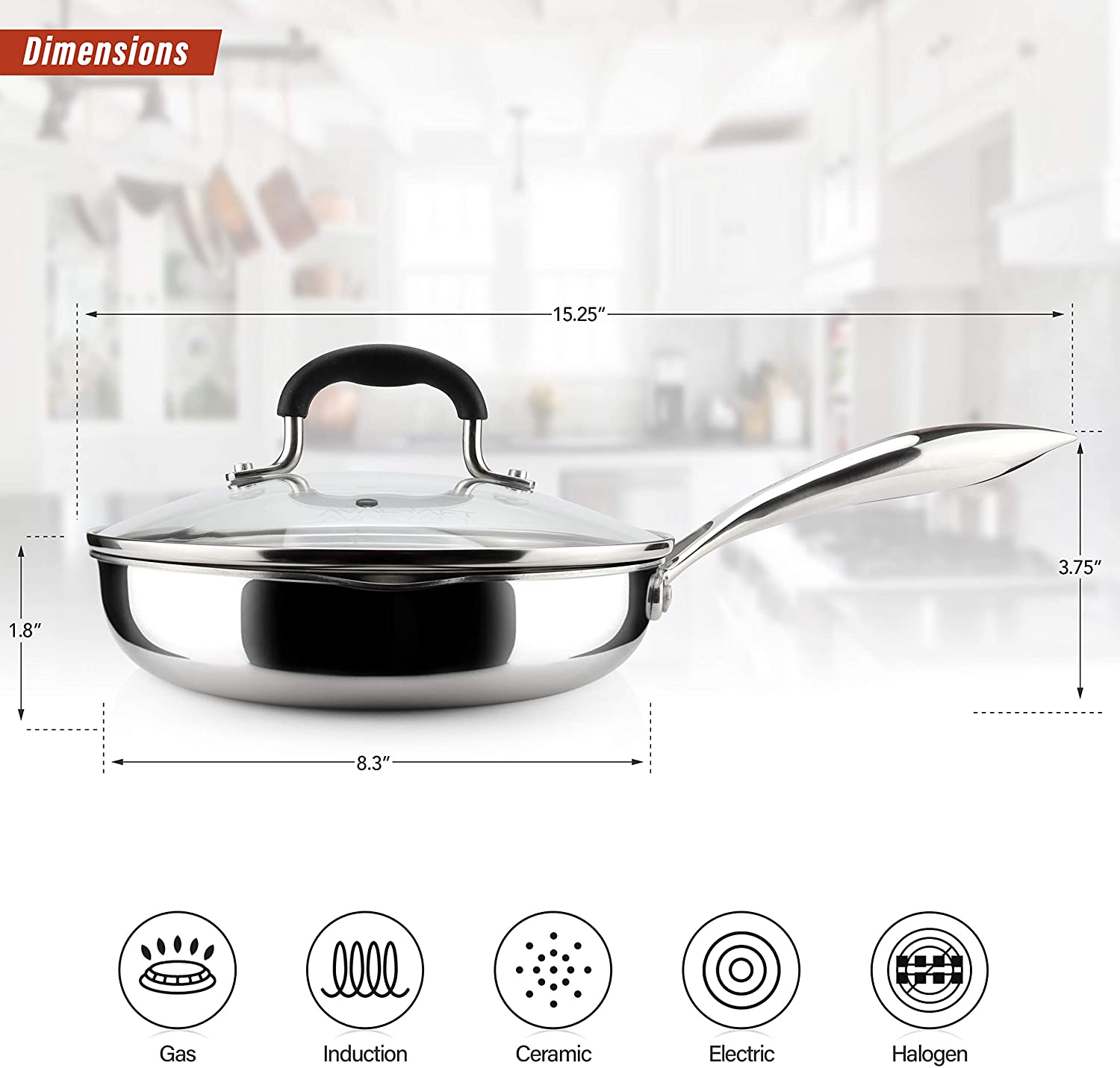 AVACRAFT 18/10 Tri-Ply Stainless Steel Frying Pan with Lid, Side Spouts, Stay Cool Handle (Tri-Ply Full Body, 8 Inch)
