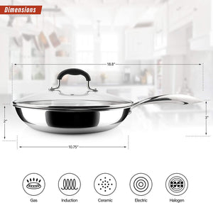 AVACRAFT 18/10 Tri-Ply Stainless Steel Frying Pan with Lid, Side Spouts, Stay Cool Handle (Tri-Ply Full Body, 10 Inch)