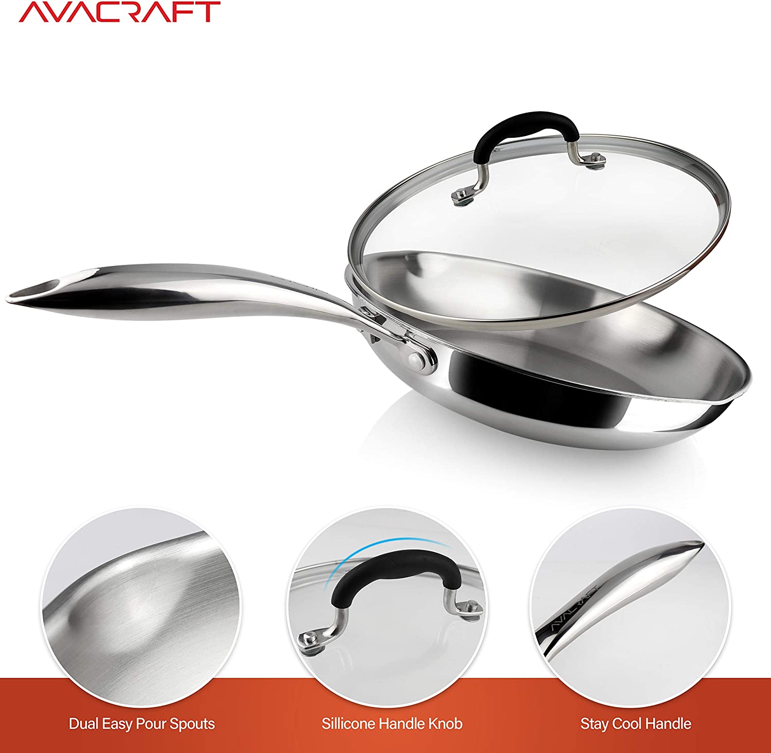 AVACRAFT 18/10 Tri-Ply Stainless Steel Frying Pan with Lid, Side Spouts, Stay Cool Handle (Tri-Ply Full Body, 8 Inch)