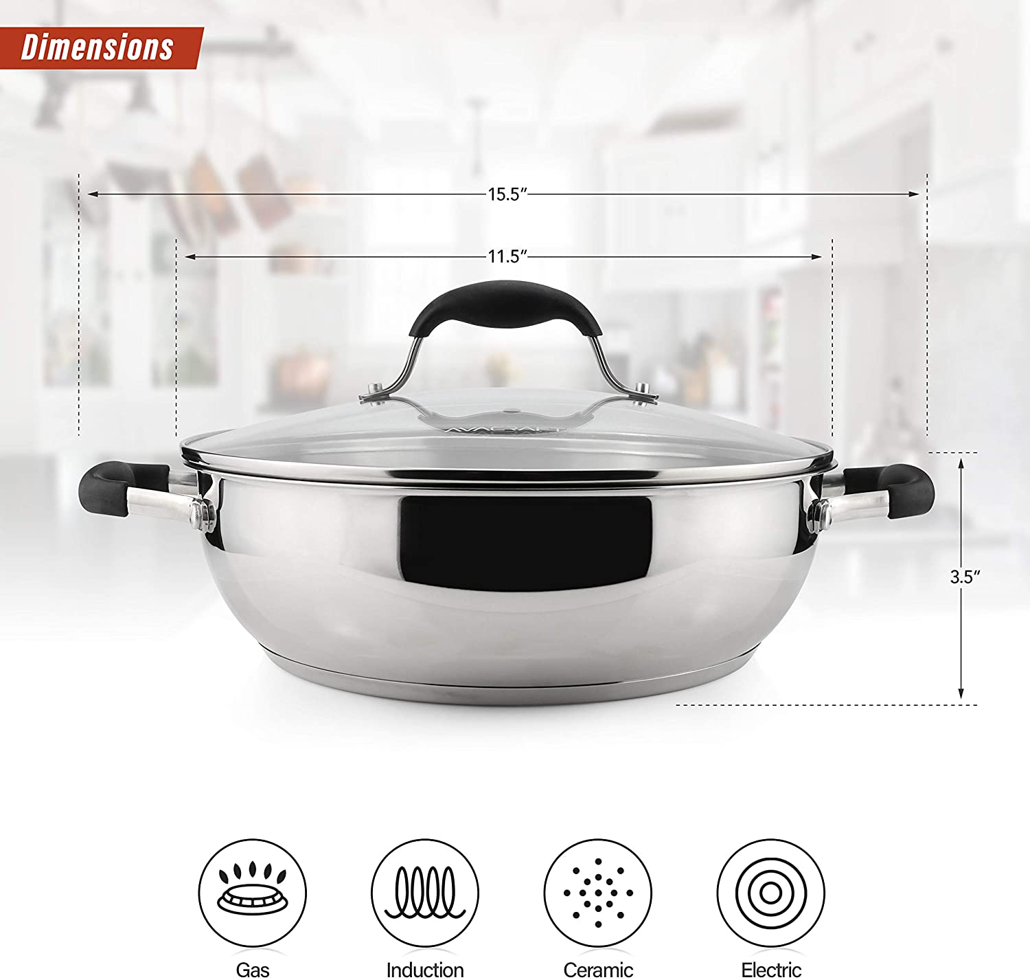 AVACRAFT 18/10 Stainless Steel Everyday Pan, Stir Fry Pan with Five-Ply Base (11 inch)
