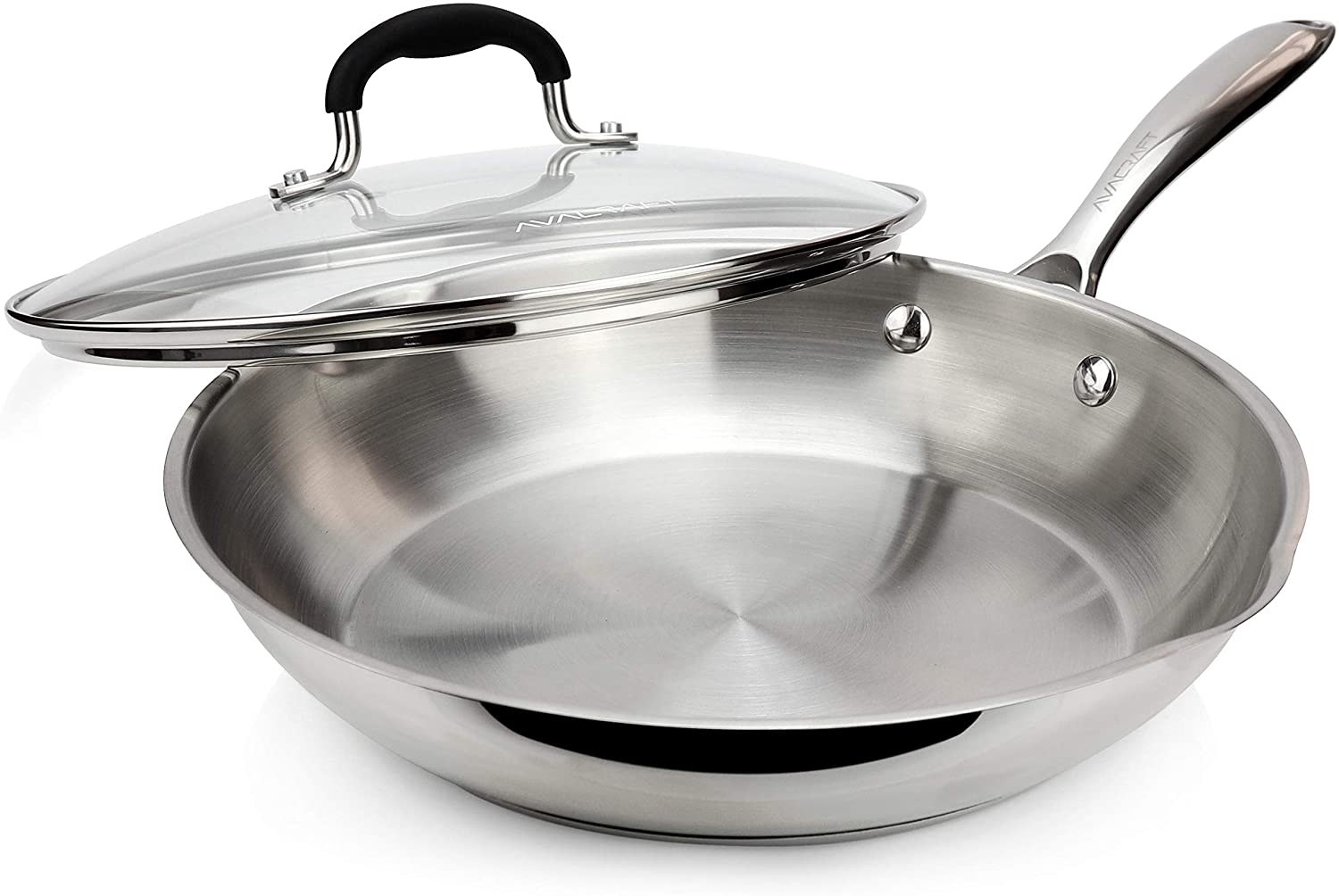 AVACRAFT 18/10 Stainless Steel Frying Pan with Lid and Side Spouts (Five-Ply Capsule Bottom, 10 Inch)