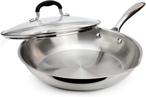 AVACRAFT 18/10 Stainless Steel Frying Pan with Lid and Side Spouts (Five-Ply Capsule Bottom, 10 Inch)