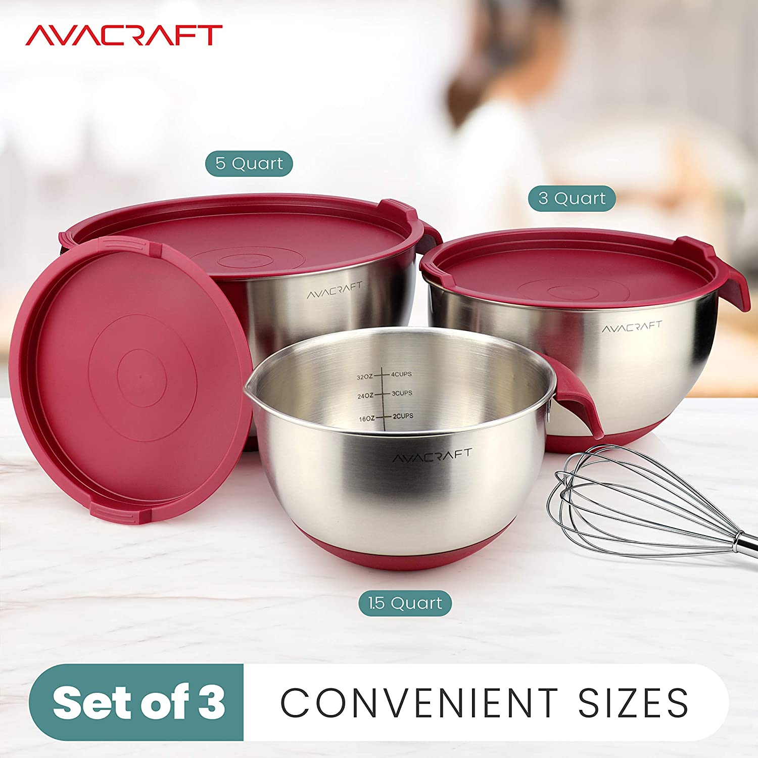AVACRAFT 18/10 Top Rated Stainless Steel Mixing Bowls with Lids, Non-Slip Silicone base bowls, Measurement Marks, Spouts and Handle (Red)