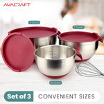 Load image into Gallery viewer, AVACRAFT 18/10 Top Rated Stainless Steel Mixing Bowls with Lids, Non-Slip Silicone base bowls, Measurement Marks, Spouts and Handle (Red)
