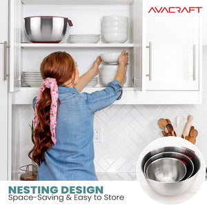 AVACRAFT 18/10 Top Rated Stainless Steel Mixing Bowls with Lids, Non-Slip Silicone base bowls, Measurement Marks, Spouts and Handle (Red)
