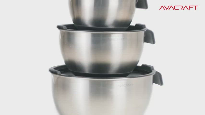 AVACRAFT 18/10 Top Rated Stainless Steel Mixing Bowls with Lids, Non-Slip Silicone base bowls, Measurement Marks, Spouts and Handle (Red)