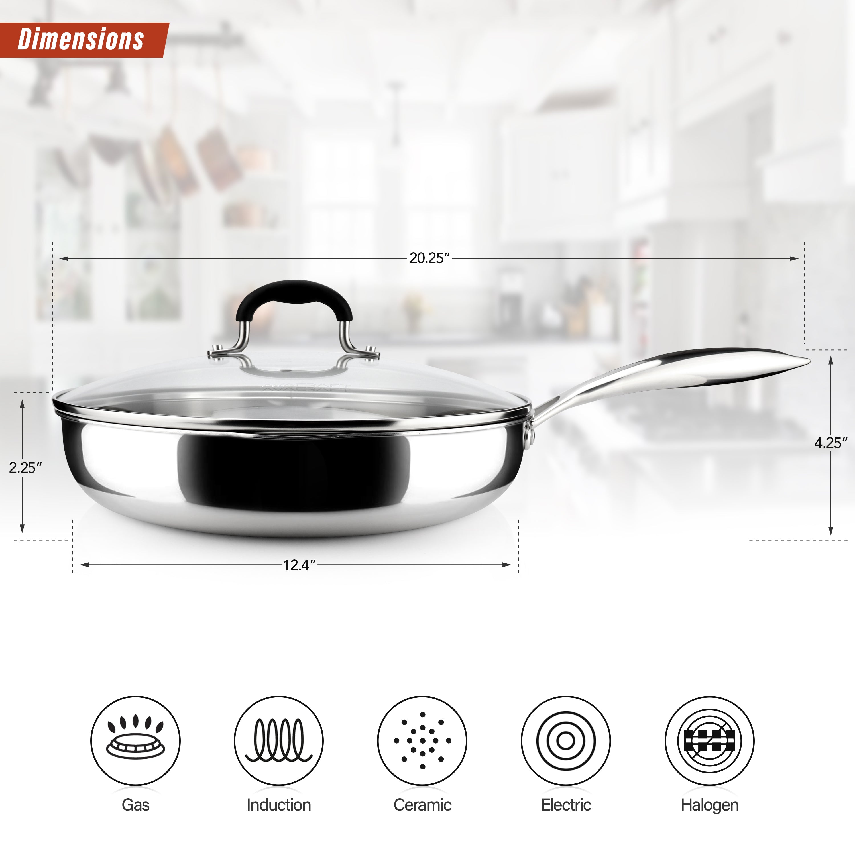 AVACRAFT 18/10 Stainless Steel Frying Pan with Lid and Side Spouts (Tri-Ply Full Body, 12 Inch)