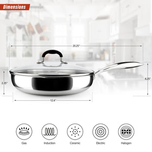 AVACRAFT 18/10 Stainless Steel Frying Pan with Lid and Side Spouts (Tri-Ply Full Body, 12 Inch)